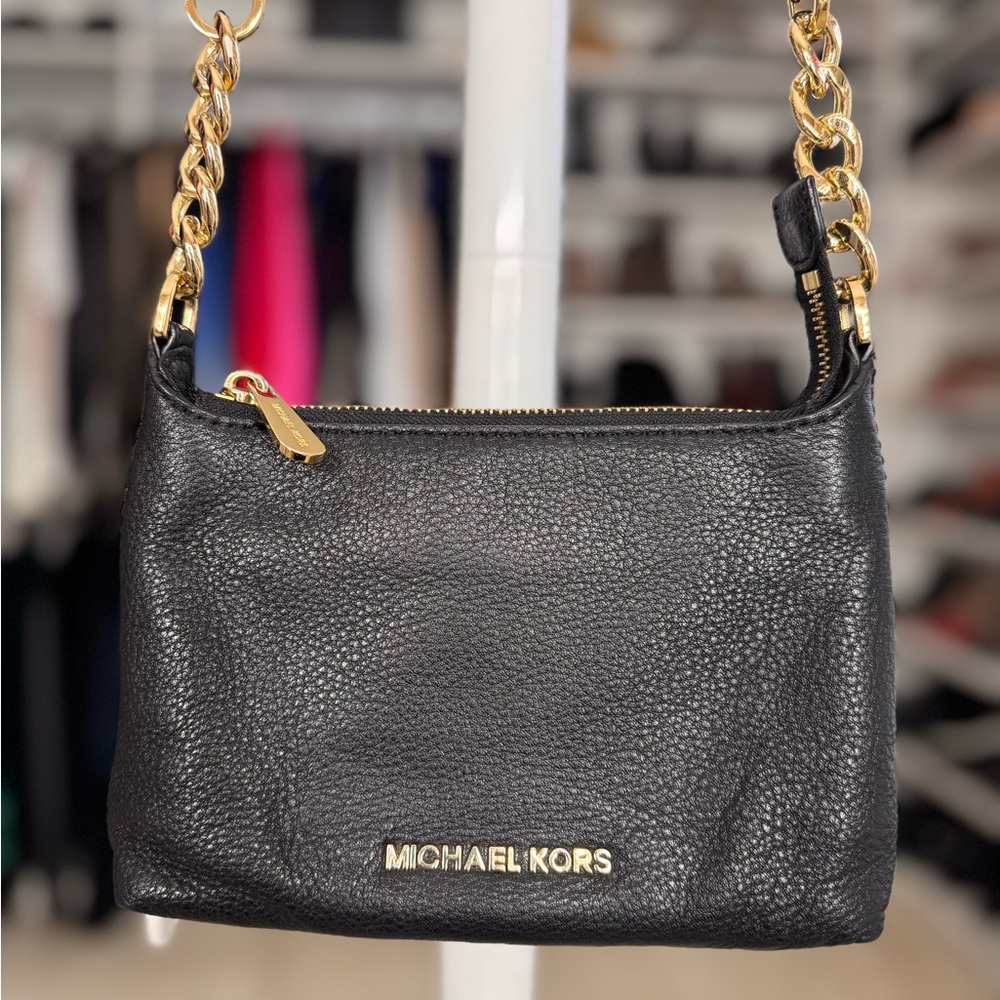 Michael Kors Black Crossbody Pebbled Leather Bag with Gleaming Gold Hardware